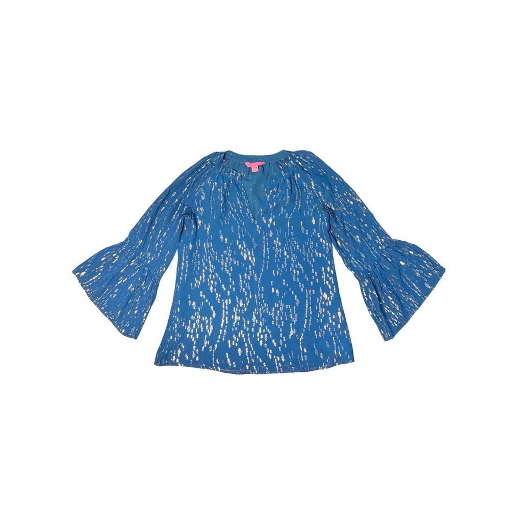 Lilly Pulitzer Matilda Silk Turquoise Metallic Fish Print Fairy Victorian Top XS - Picture 6 of 10